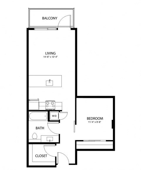 Floor plan for 1 bed, 1 bath, 620 sqft